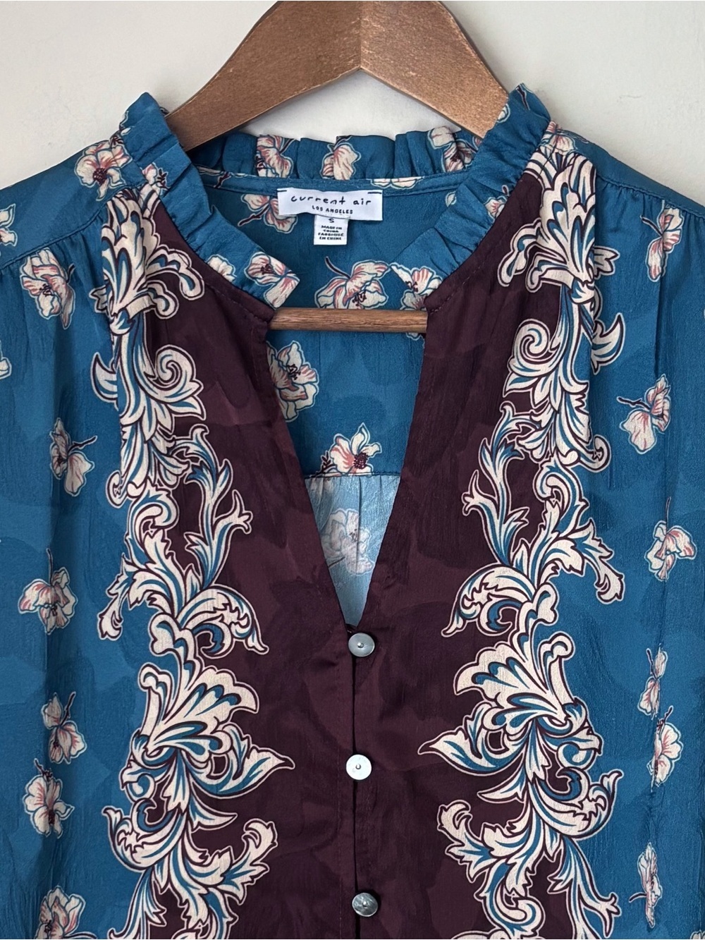 Current Air Blue & Brown Floral Button Up Blouse Small - Picture 3 of 8